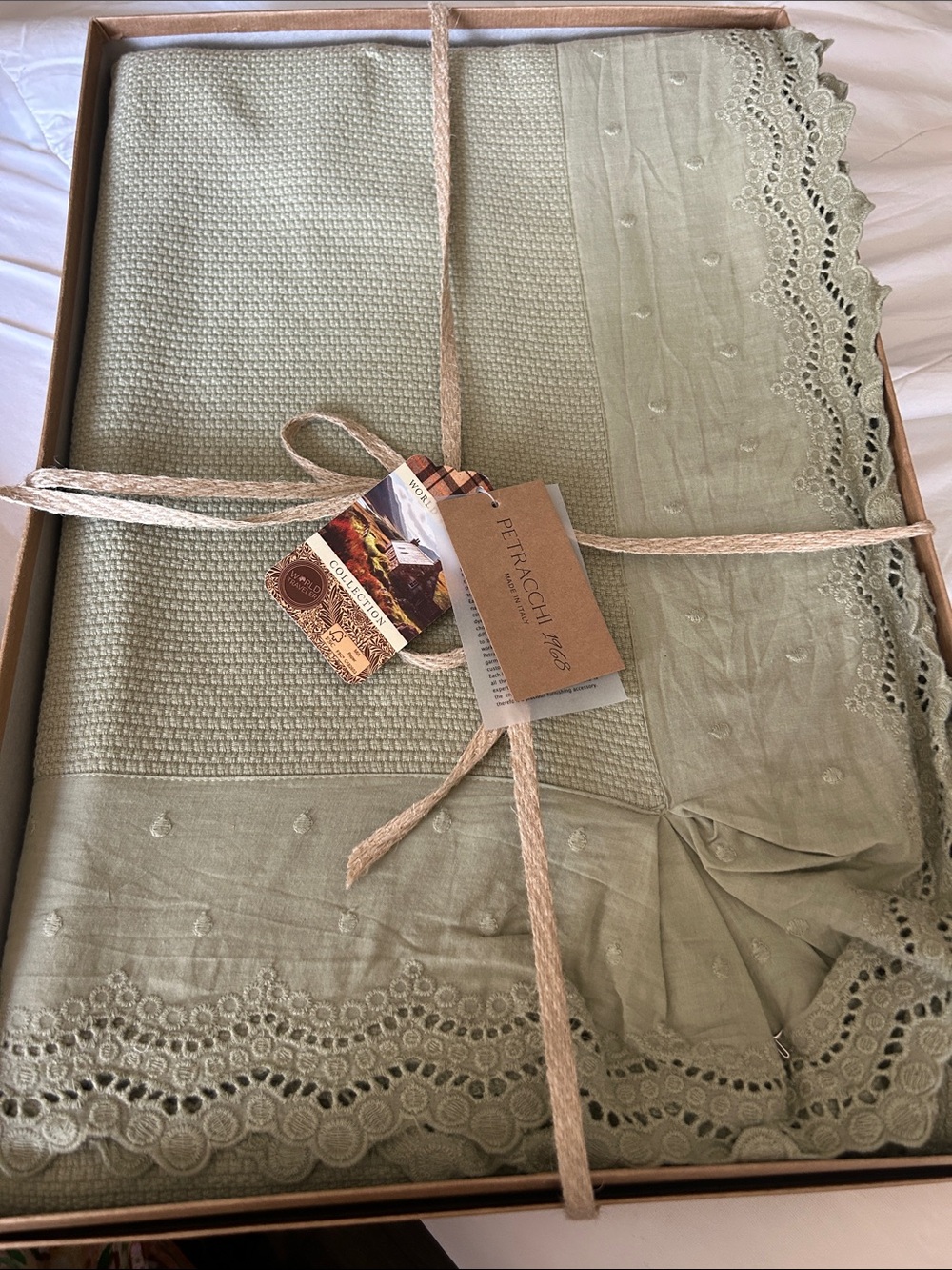 Petracchi 1968 Home Light Sage Waffle Weave Lace Trim Blanket NIB